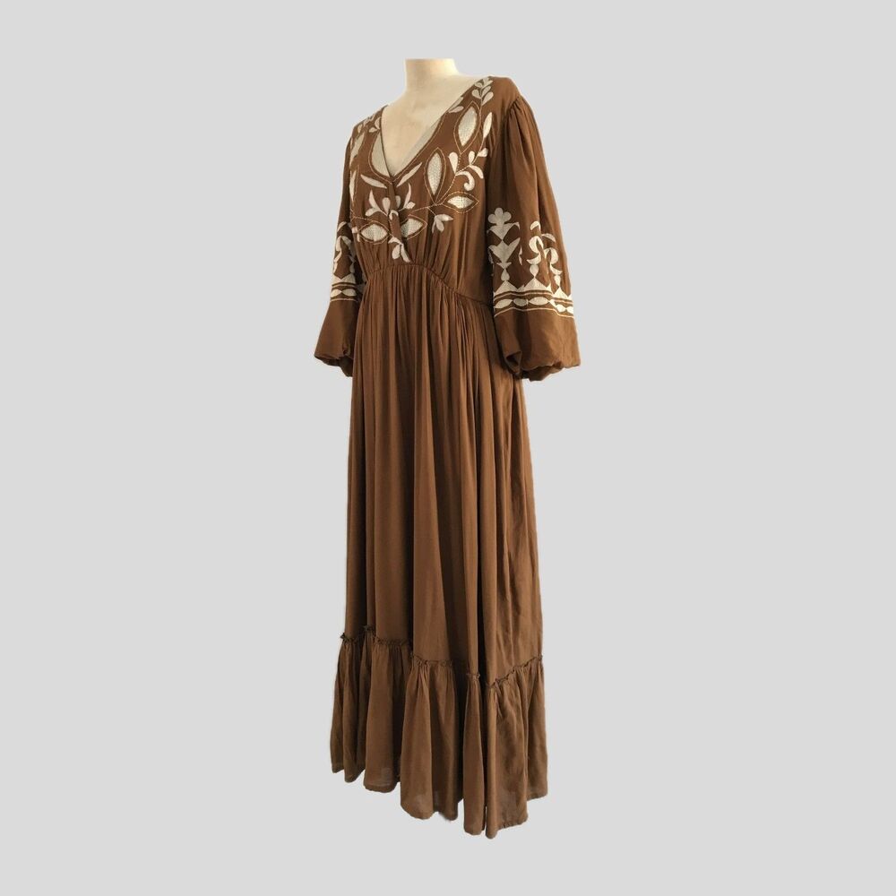 Anthropologie Letmebe Brown Embroidered Open Back Short Sleeve Midi Dress M
